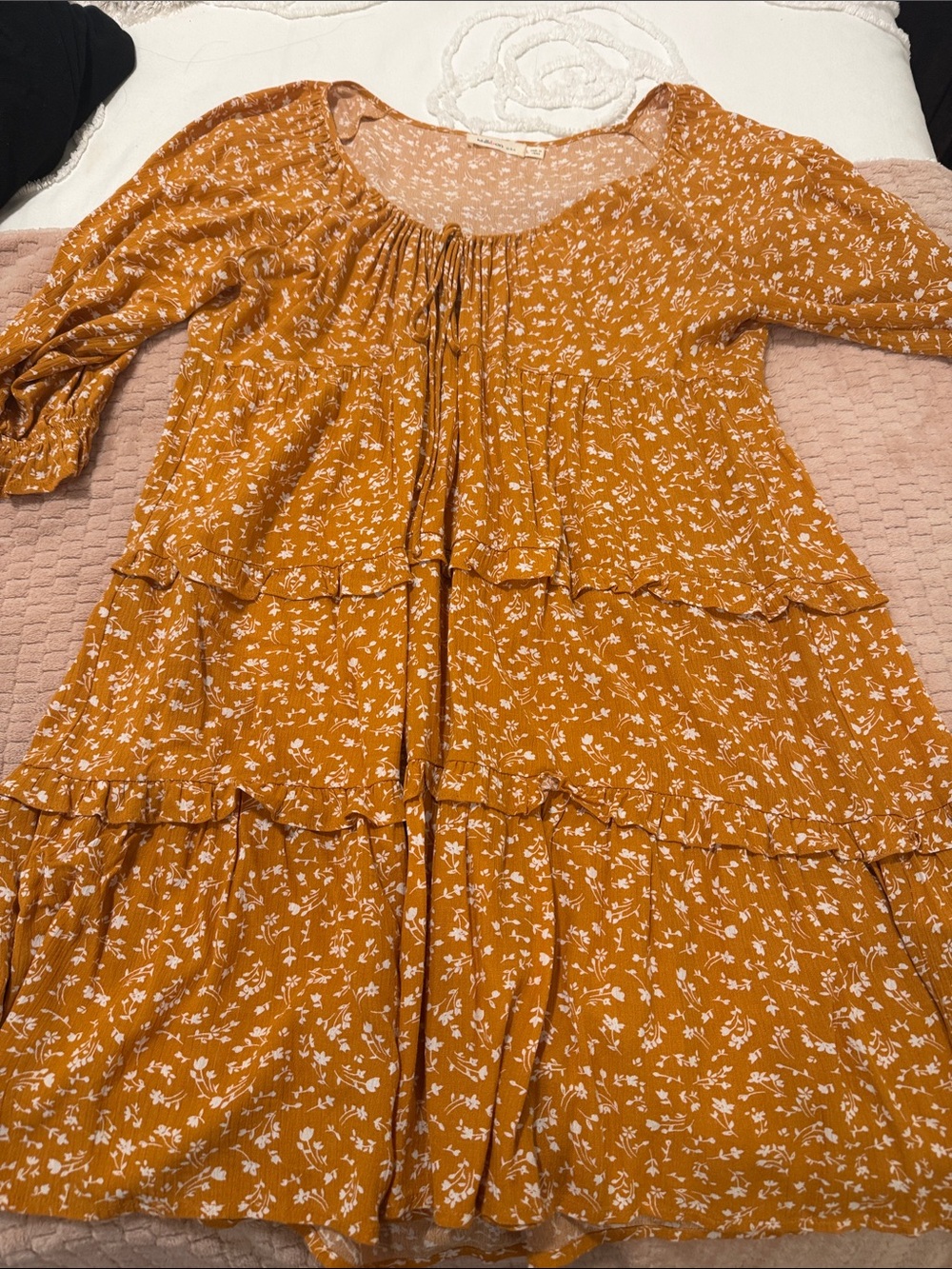 Millibon Mustard Floral Tiered Long Sleeve Dress